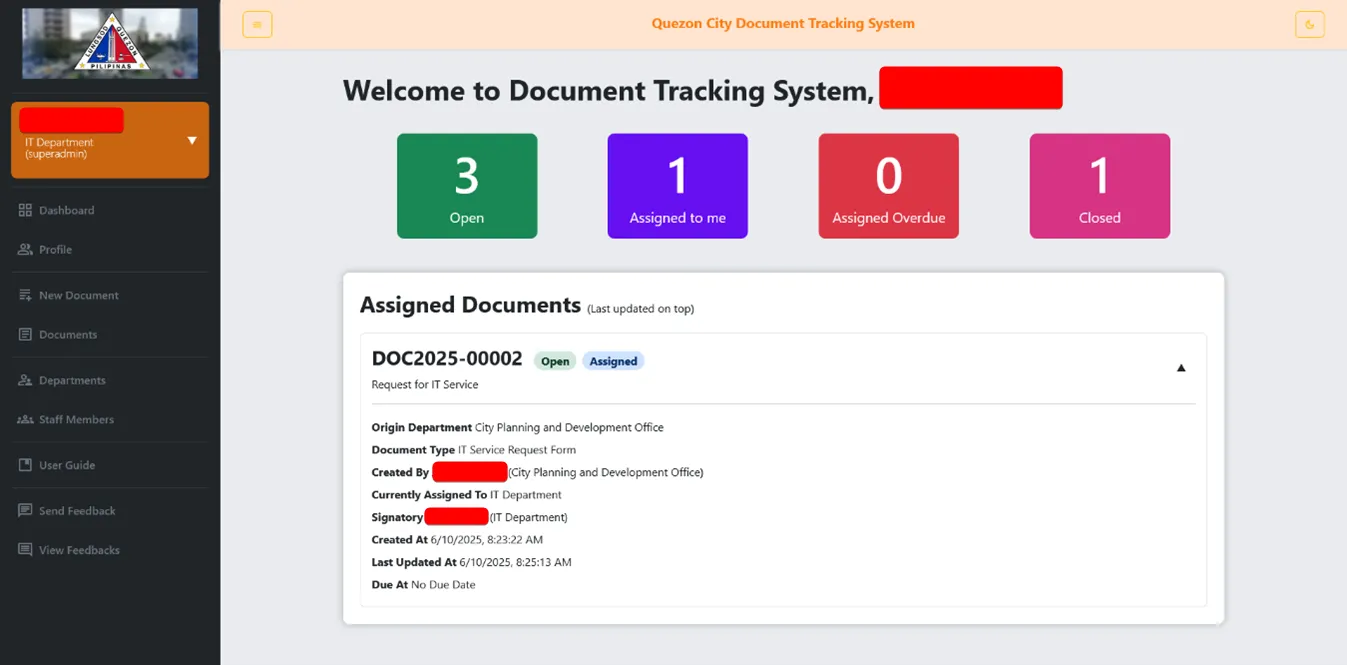 Document Tracking System Dashboard