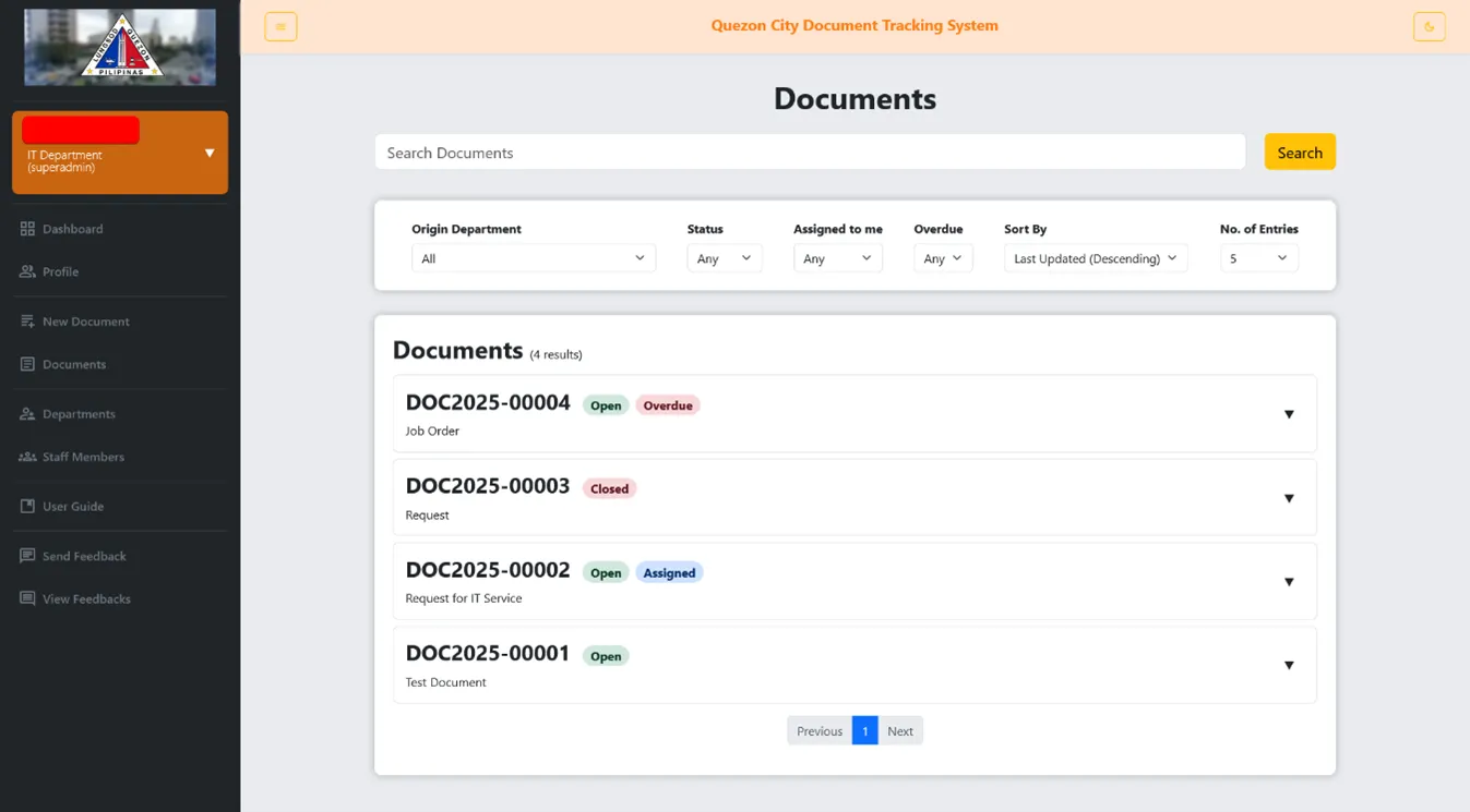 Document Tracking System Documents page